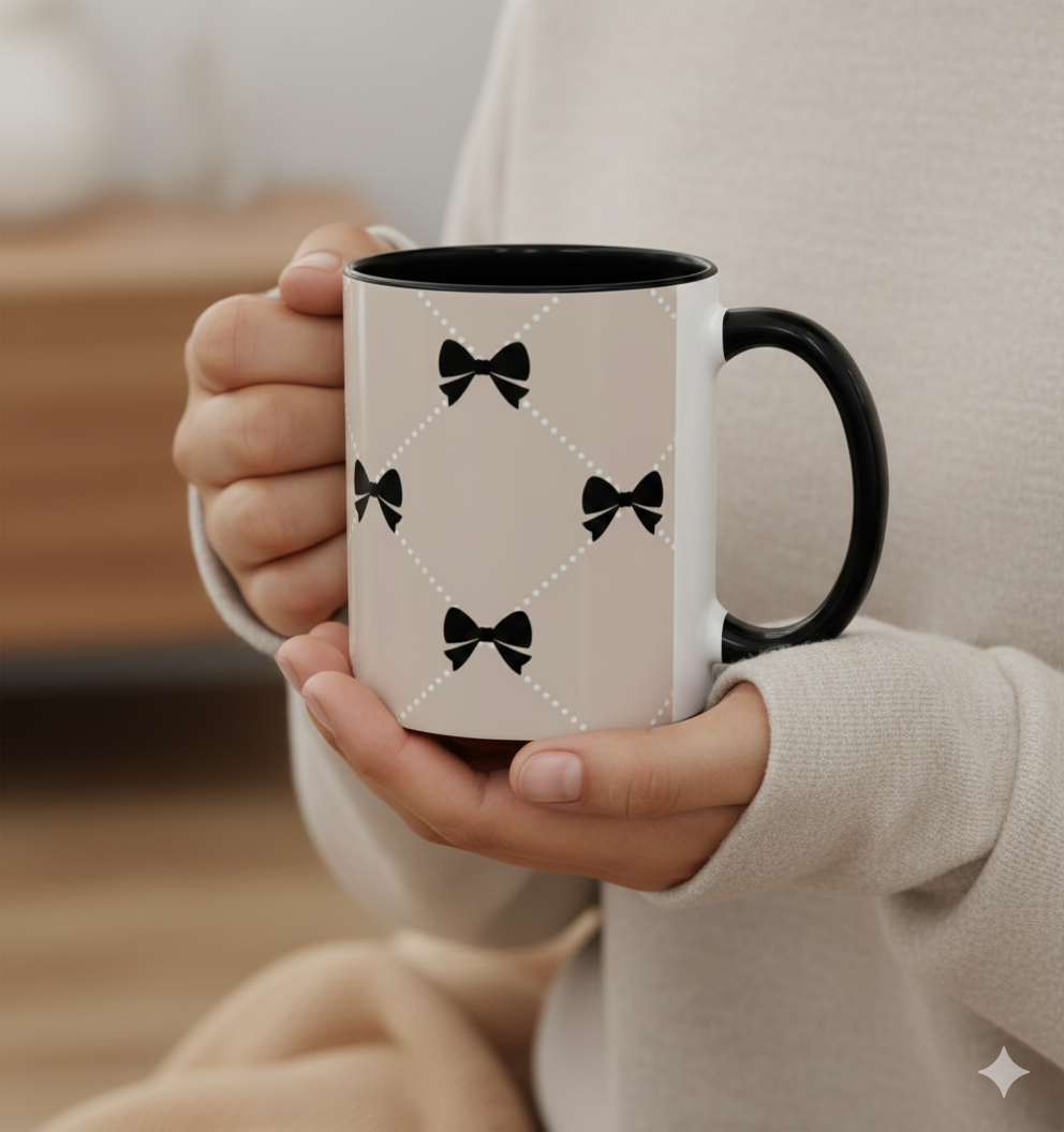 Pearl & Black Bow Accent Coffee Mug — Decorative 11/15oz Ceramic
