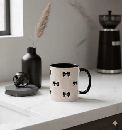 Pearl & Black Bow Accent Coffee Mug — Decorative 11/15oz Ceramic