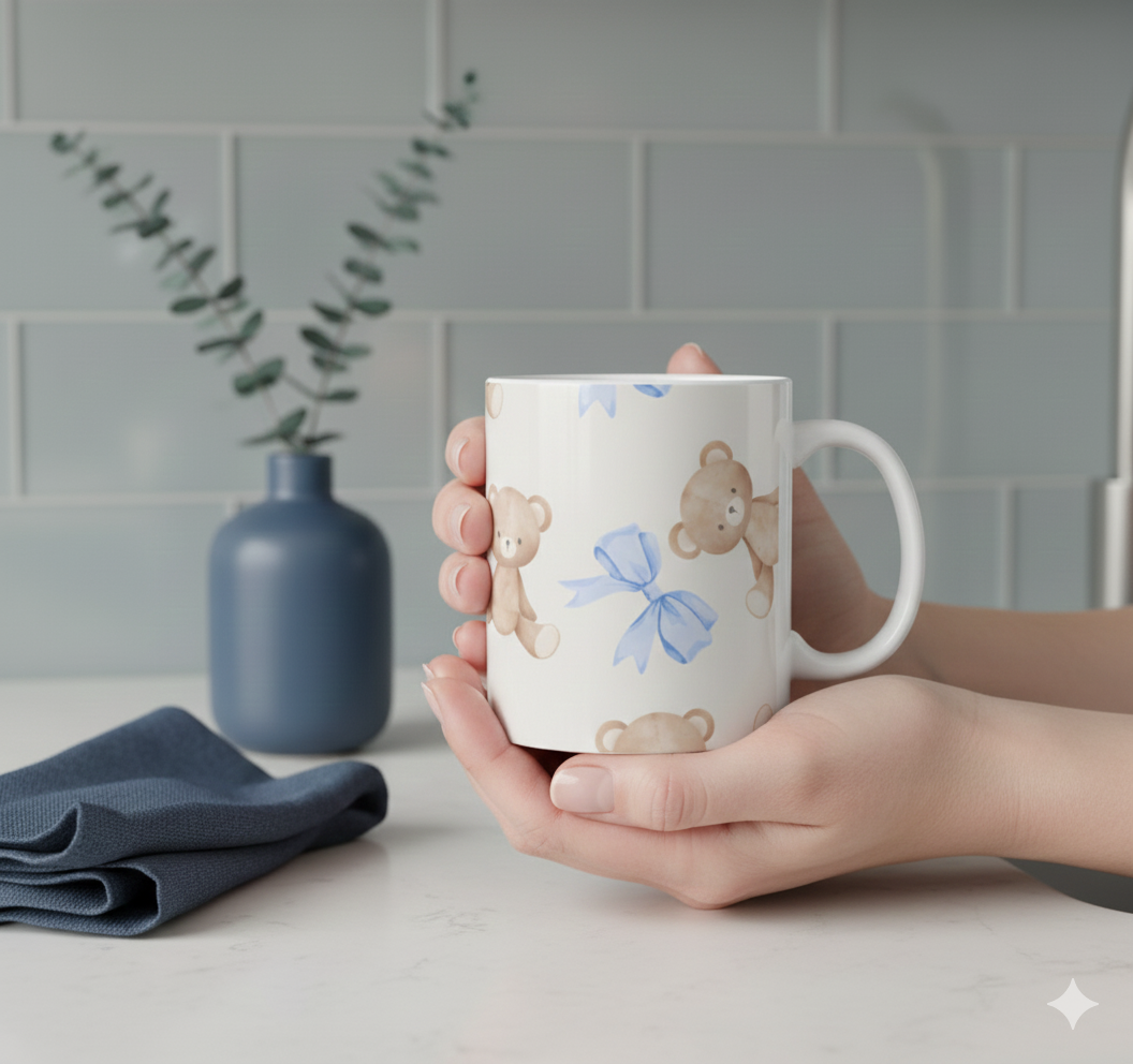 Teddy Bear Ceramic Mug with Blue Bows — Cute 11oz & 15oz Coffee Cup