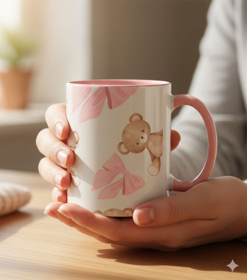 Teddy Bear Pink Bow Accent Coffee Mug — Cute 11/15oz Ceramic Mug with Pink Interior