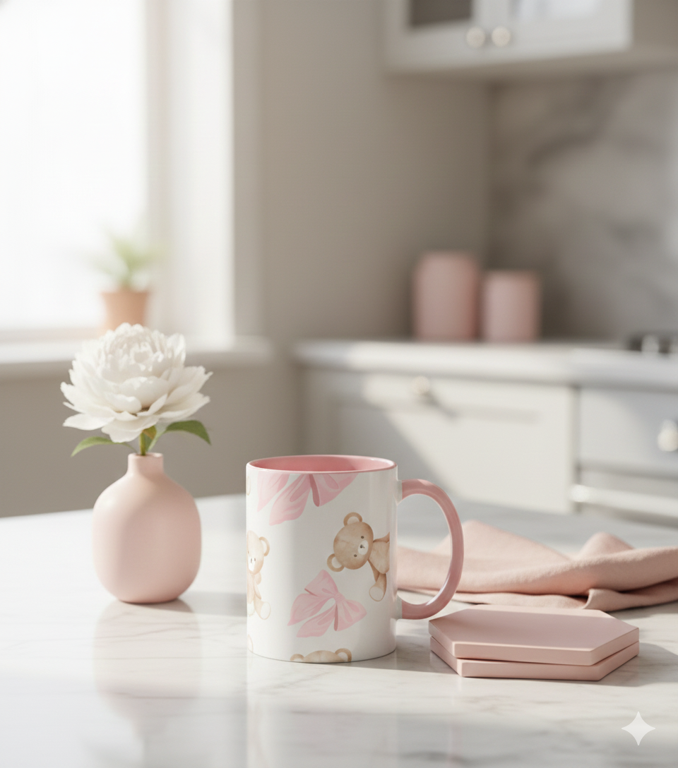 Teddy Bear Pink Bow Accent Coffee Mug — Cute 11/15oz Ceramic Mug with Pink Interior