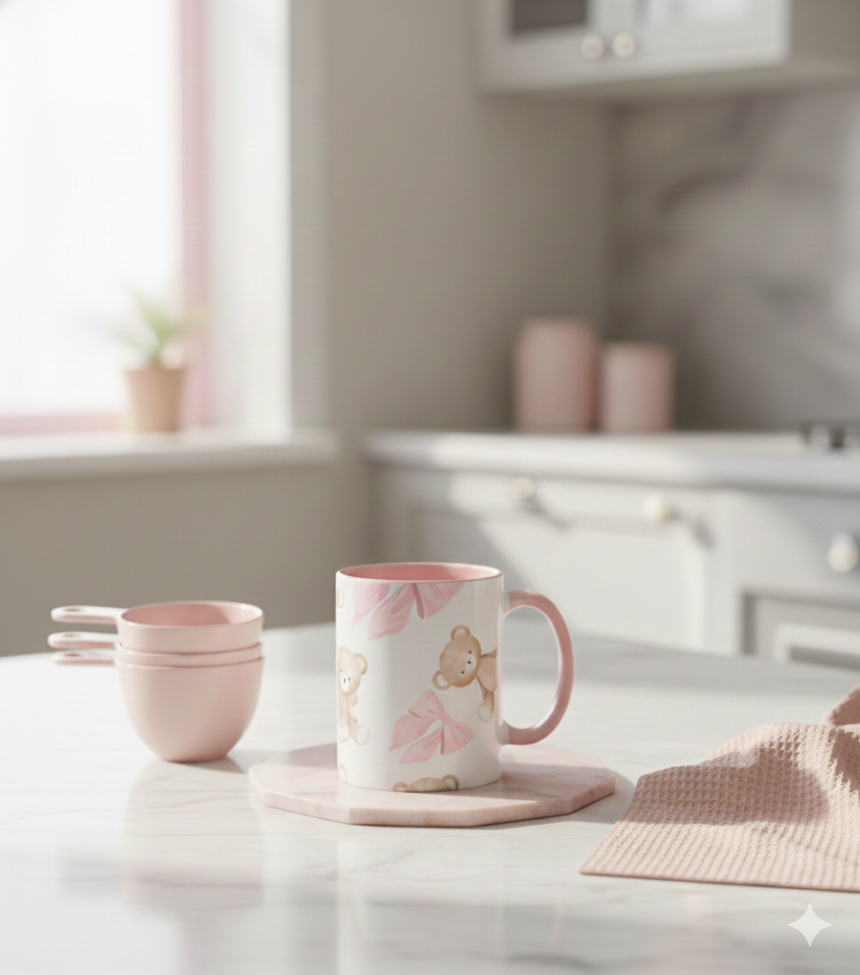 Teddy Bear Pink Bow Accent Coffee Mug — Cute 11/15oz Ceramic Mug with Pink Interior
