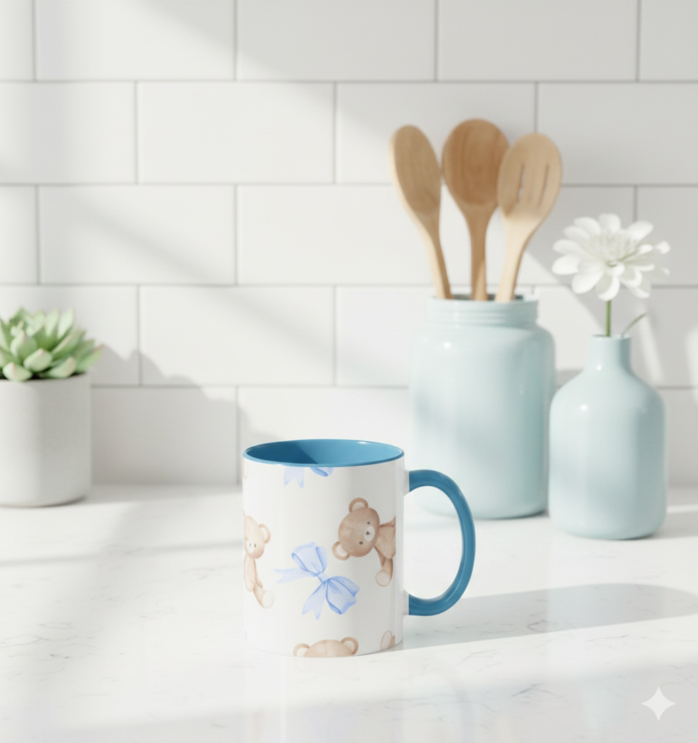 Teddy Bears with Blue Bows Accent Coffee Mug — Blue Interior (11/15oz)