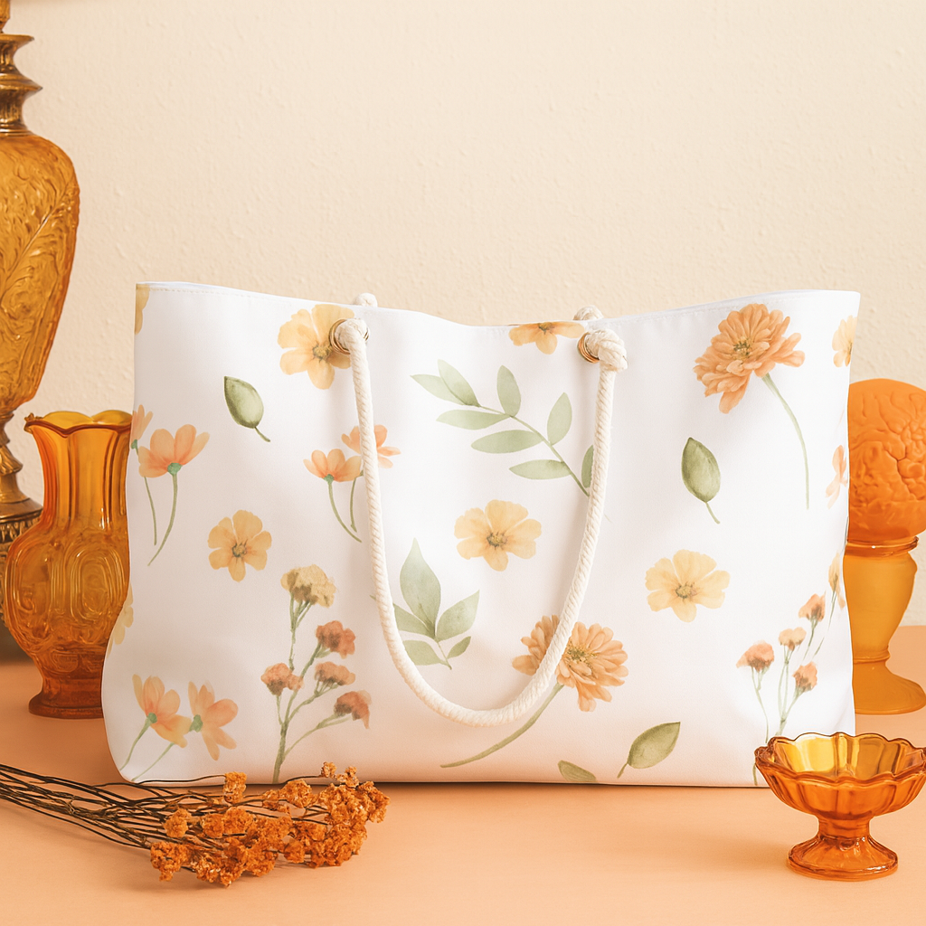 Floral Weekender Bag — Peach Watercolor Flowers Travel Tote