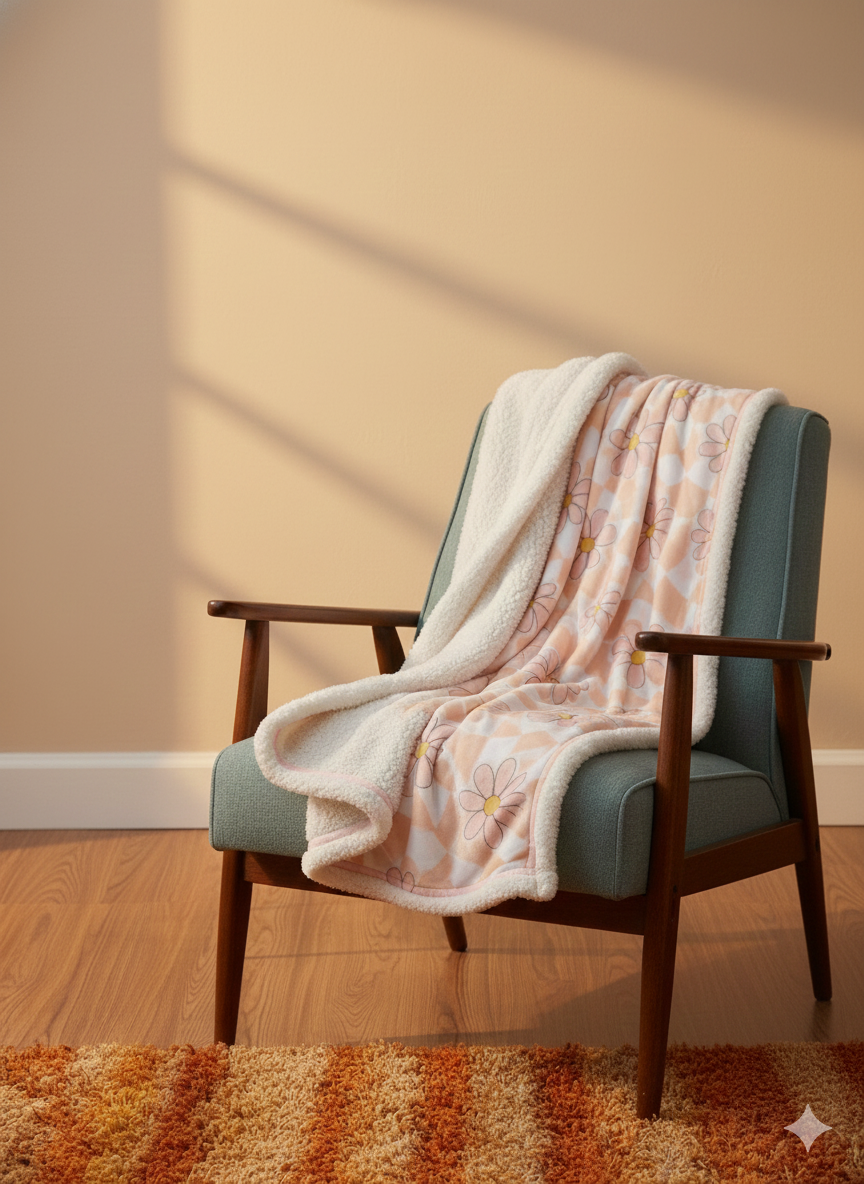 Groovy Floral Sherpa Fleece Blanket — Cozy Retro Flower Pattern Throw