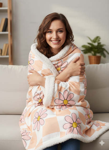 Groovy Floral Sherpa Fleece Blanket — Cozy Retro Flower Pattern Throw