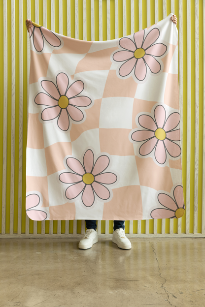 Groovy Floral Sherpa Fleece Blanket — Cozy Retro Flower Pattern Throw