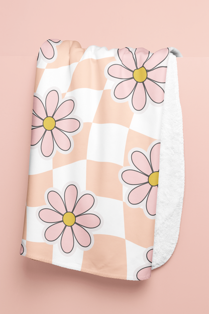 Groovy Floral Sherpa Fleece Blanket — Cozy Retro Flower Pattern Throw