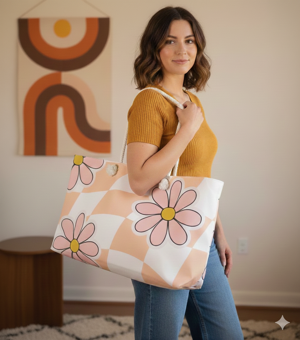 Groovy Floral Weekender Bag — Retro Flower Travel Duffel