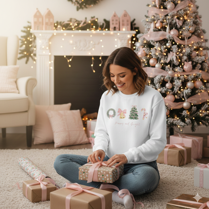 Pink Christmas Icons Crewneck Sweatshirt – Merry and Bright Holiday Pullover