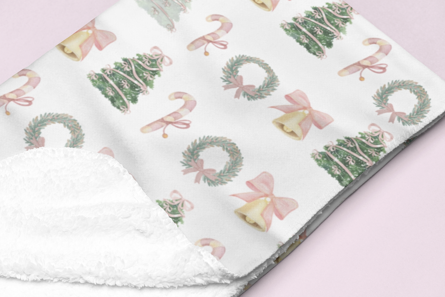 Pastel Christmas Sherpa Blanket – Wreaths, Trees & Candy Canes Holiday Throw