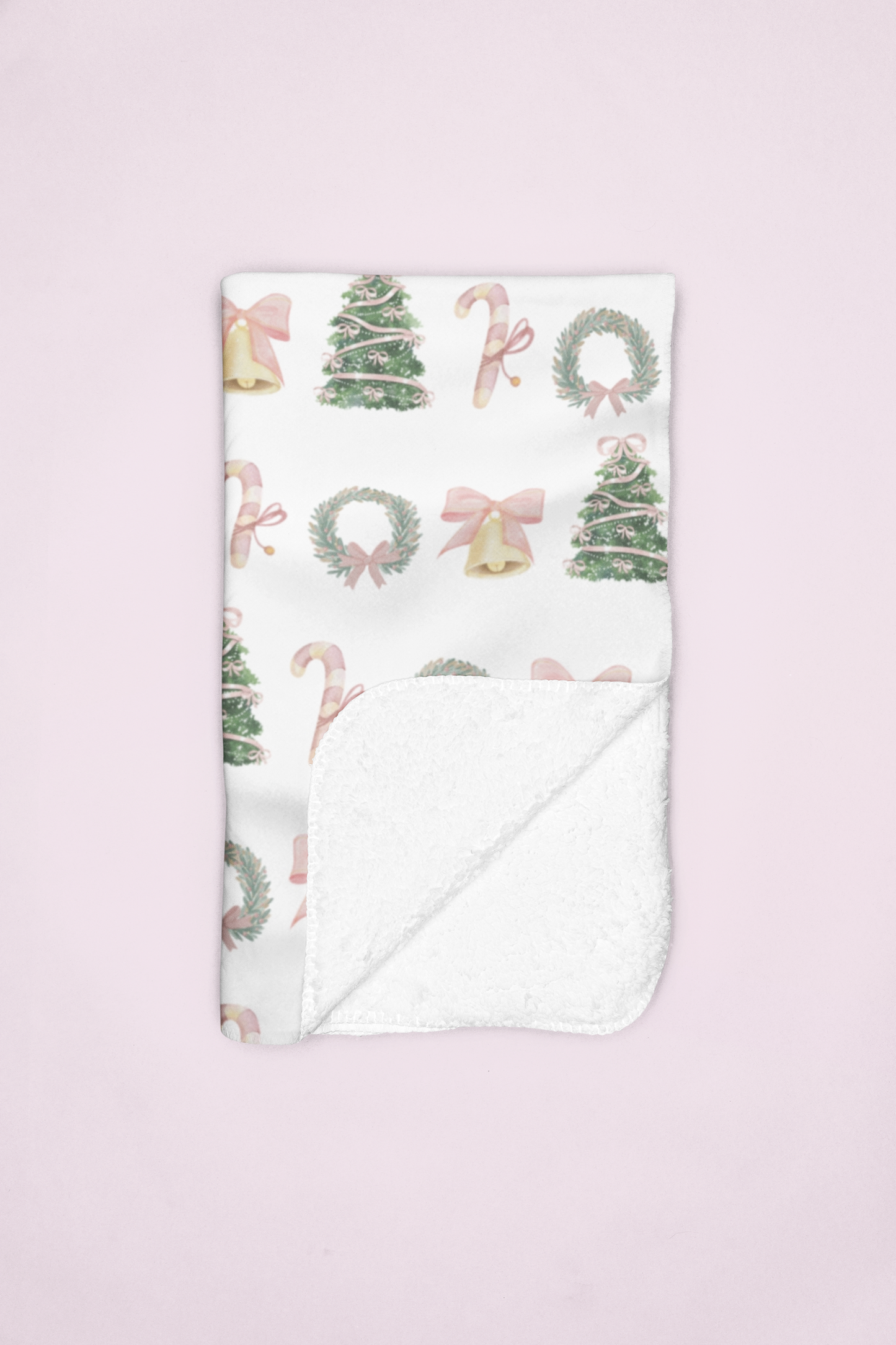 Pastel Christmas Sherpa Blanket – Wreaths, Trees & Candy Canes Holiday Throw