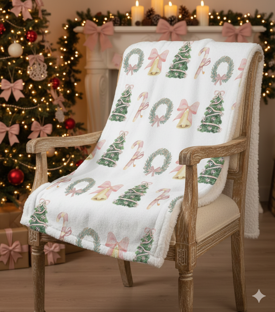 Pastel Christmas Sherpa Blanket – Wreaths, Trees & Candy Canes Holiday Throw