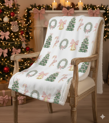 Pastel Christmas Sherpa Blanket – Wreaths, Trees & Candy Canes Holiday Throw