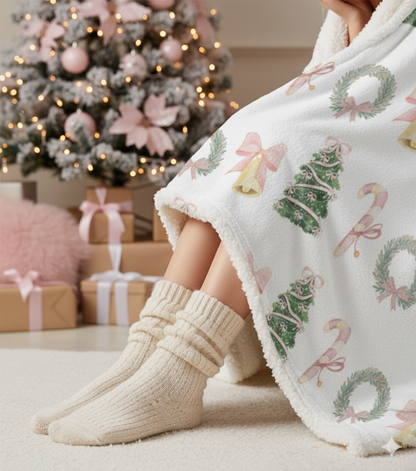 Pastel Christmas Sherpa Blanket – Wreaths, Trees & Candy Canes Holiday Throw