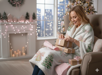 Pastel Christmas Sherpa Blanket – Wreaths, Trees & Candy Canes Holiday Throw