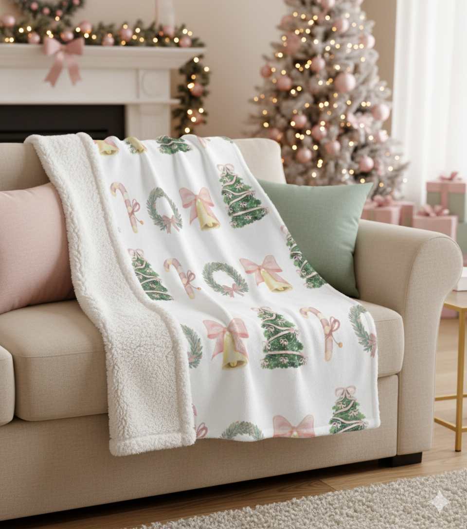 Pastel Christmas Sherpa Blanket – Wreaths, Trees & Candy Canes Holiday Throw