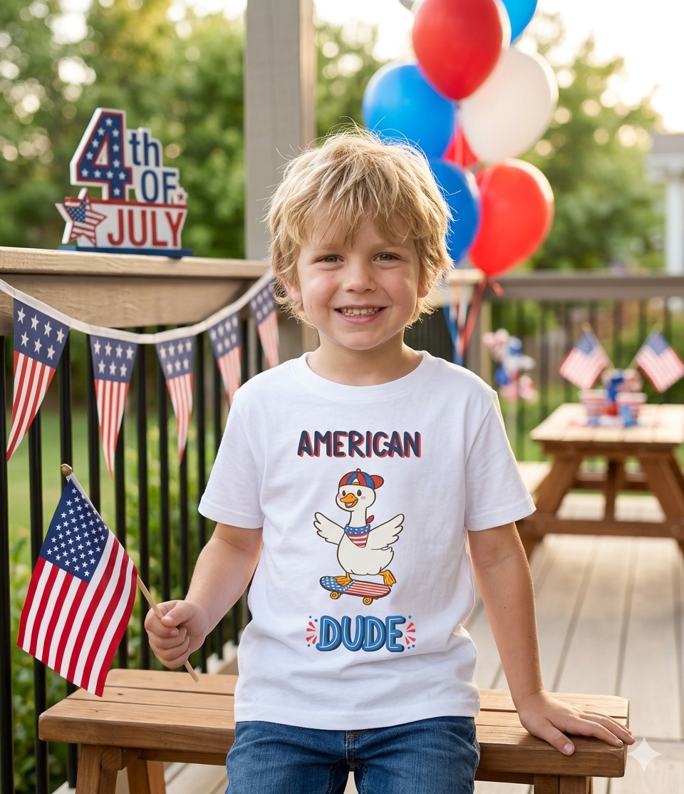 Youth Tee — "American Dude" Skateboarding Duck Graphic