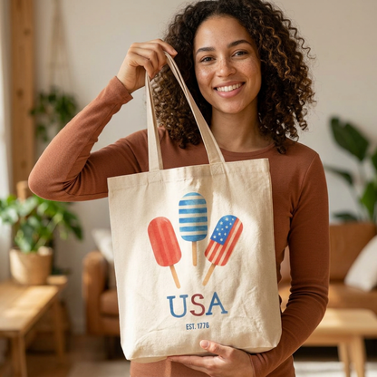Patriotic Popsicles USA Cotton Tote Bag — 4th of July Grocery & Beach Tote