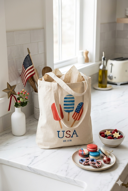 Patriotic Popsicles USA Cotton Tote Bag — 4th of July Grocery & Beach Tote
