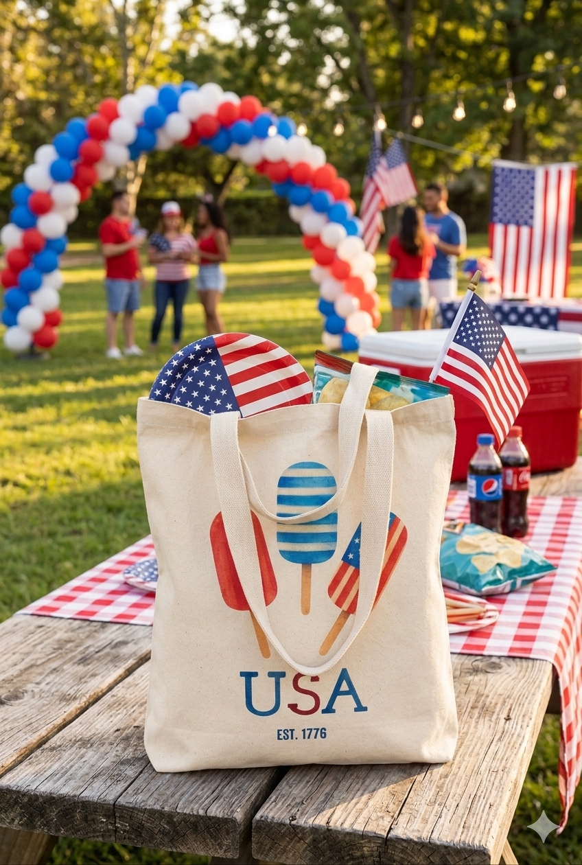 Patriotic Popsicles USA Cotton Tote Bag — 4th of July Grocery & Beach Tote