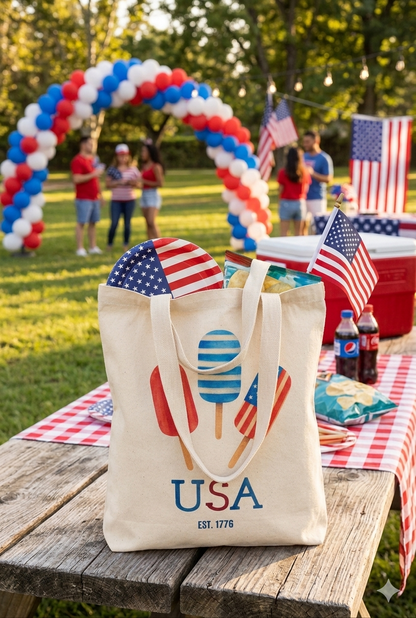 Patriotic Popsicles USA Cotton Tote Bag — 4th of July Grocery & Beach Tote