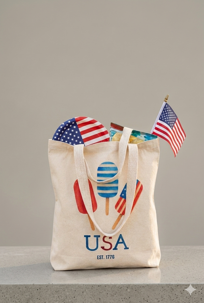 Patriotic Popsicles USA Cotton Tote Bag — 4th of July Grocery & Beach Tote