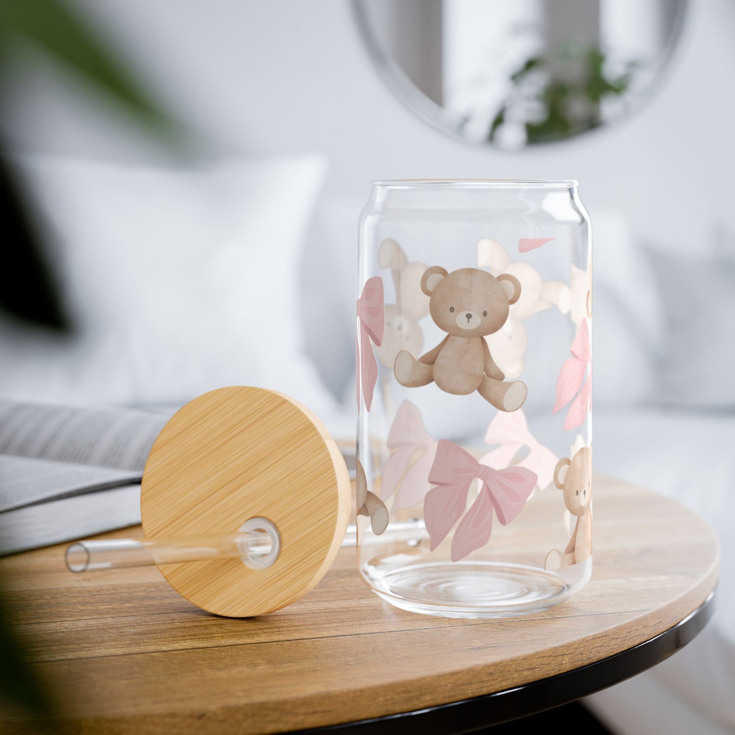 16oz Sipper Glass — Pink Coquette Bows & Teddy Bears