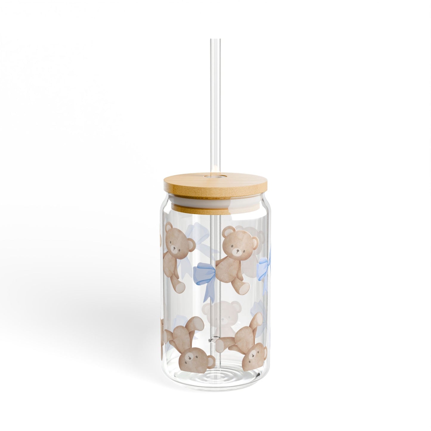 16oz Sipper Glass — Blue Bow & Teddy Bear Design