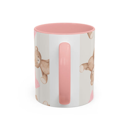 Teddy Bear Pink Bow Accent Coffee Mug — Cute 11/15oz Ceramic Mug with Pink Interior