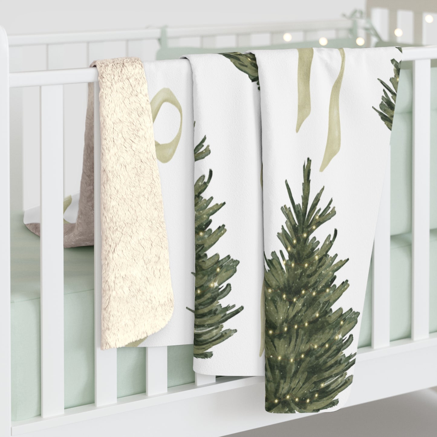 Christmas Tree Sherpa Fleece Blanket — Cozy Blanket with Coquette Bows