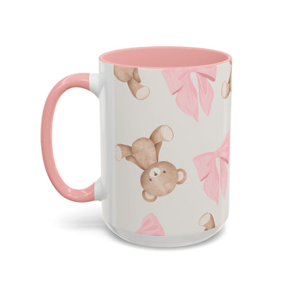 Teddy Bear Pink Bow Accent Coffee Mug — Cute 11/15oz Ceramic Mug with Pink Interior