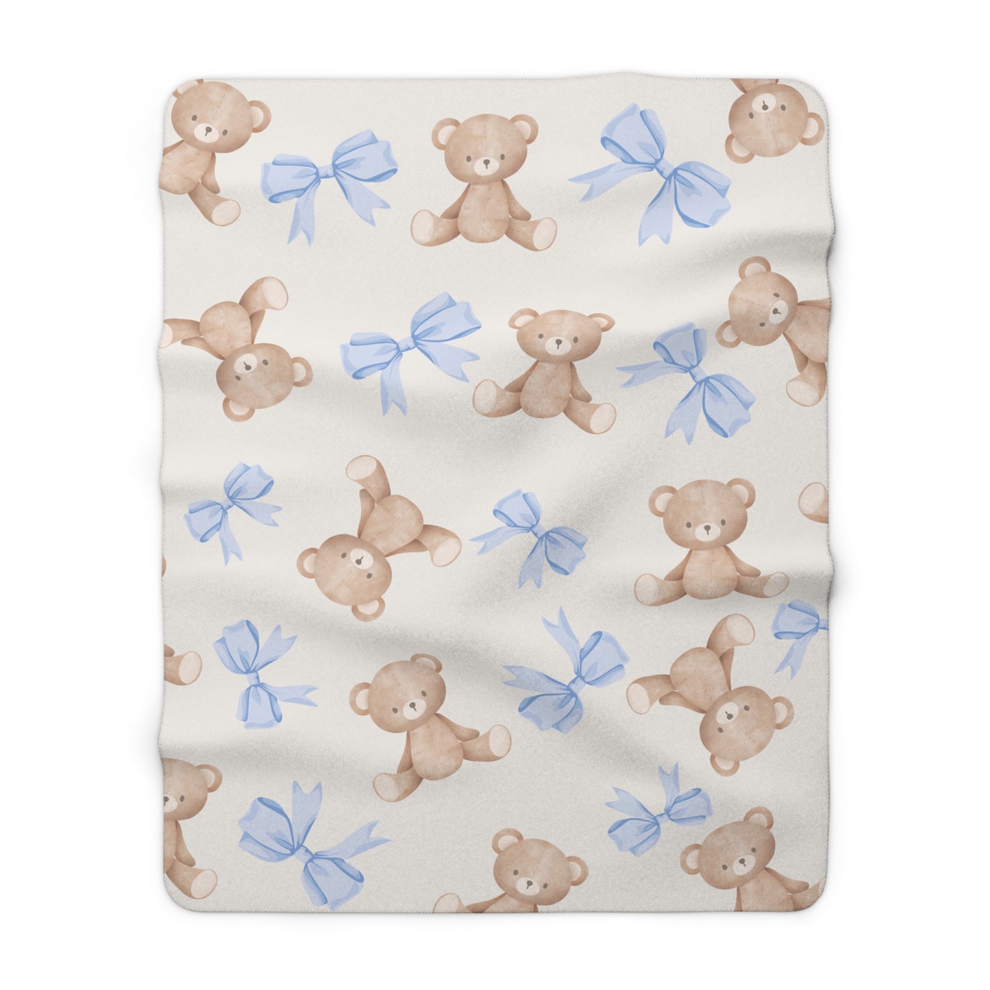 Teddy Bear Sherpa Fleece Blanket with Blue Coquette Bows