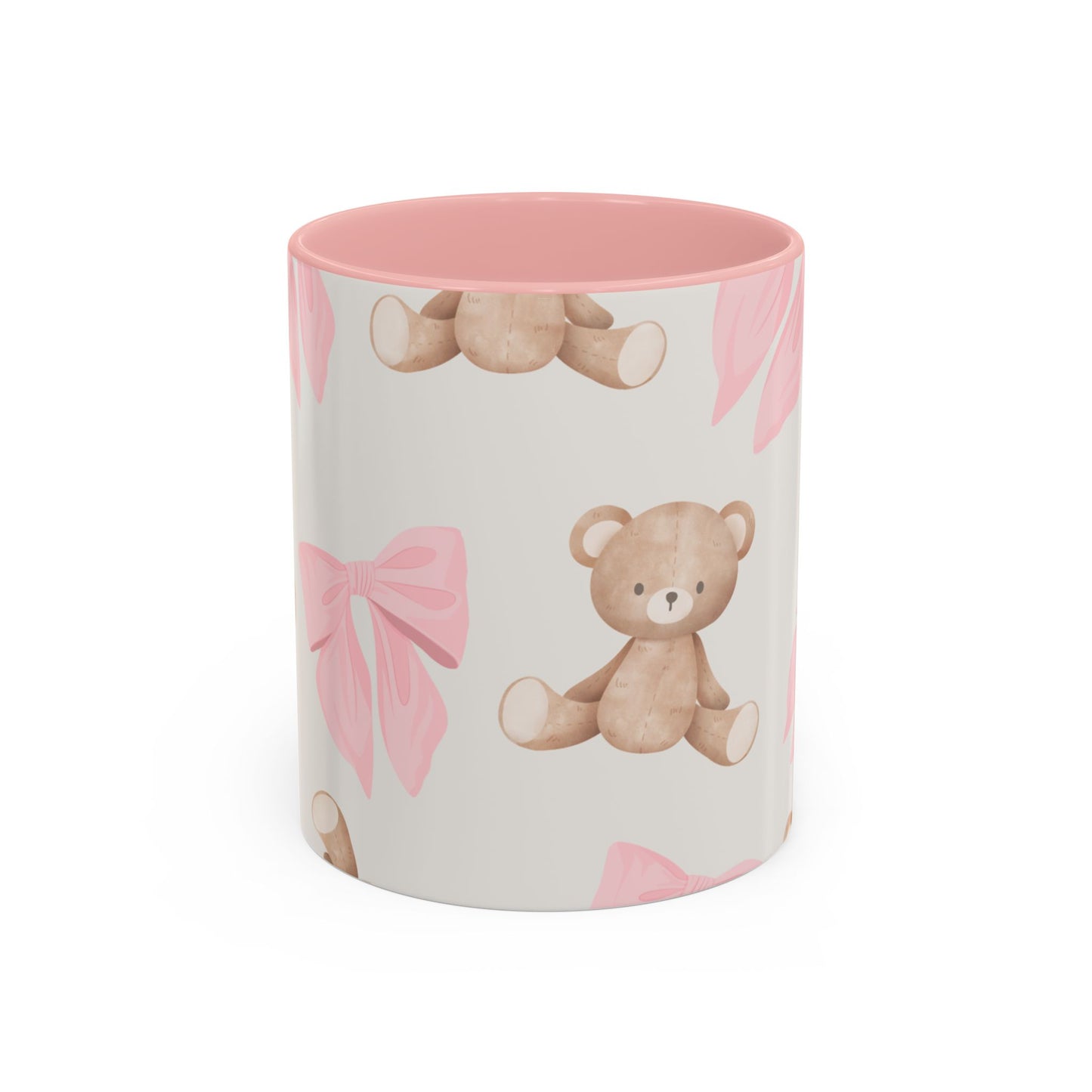 Teddy Bear Pink Bow Accent Coffee Mug — Cute 11/15oz Ceramic Mug with Pink Interior