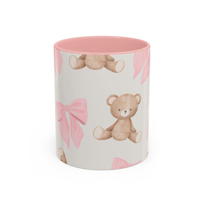 Teddy Bear Pink Bow Accent Coffee Mug — Cute 11/15oz Ceramic Mug with Pink Interior