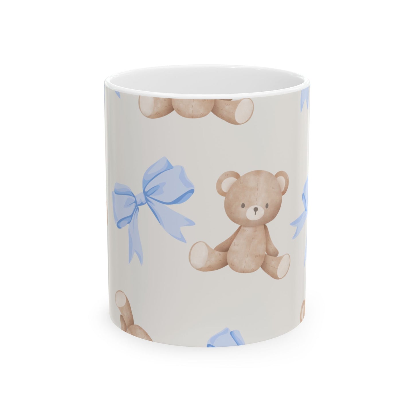 Teddy Bear Ceramic Mug with Blue Bows — Cute 11oz & 15oz Coffee Cup