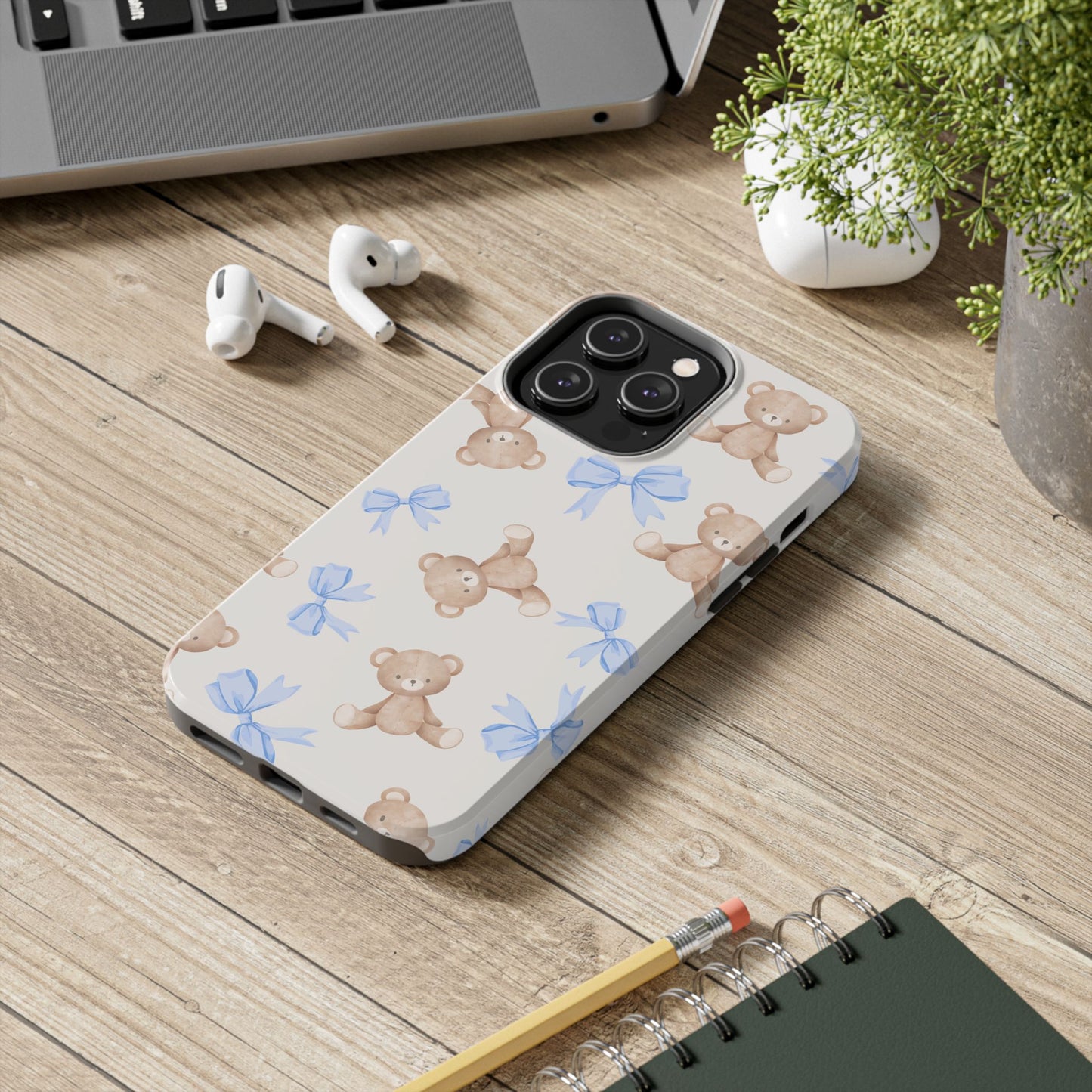 Teddy Bear Pattern Tough Phone Case — Cute Blue Bows