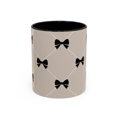 Pearl & Black Bow Accent Coffee Mug — Decorative 11/15oz Ceramic