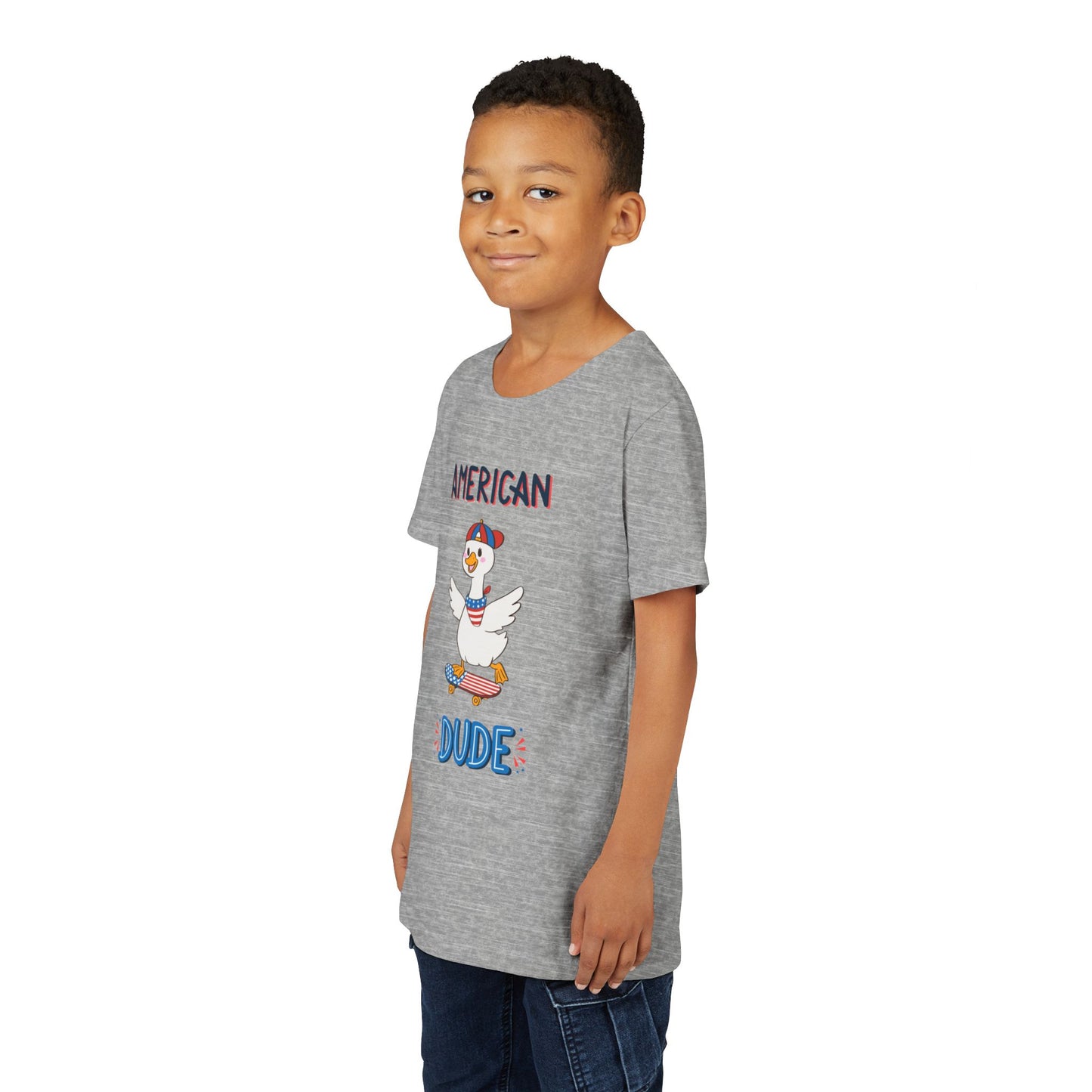 Youth Tee — "American Dude" Skateboarding Duck Graphic
