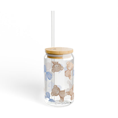 16oz Sipper Glass — Blue Bow & Teddy Bear Design
