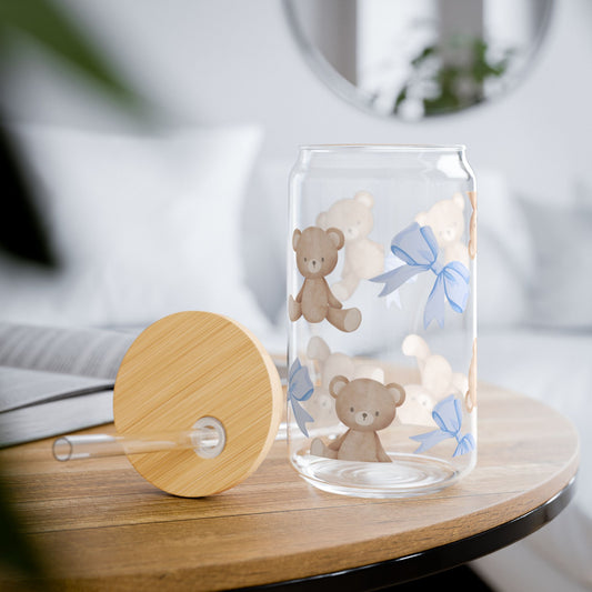 16oz Sipper Glass — Blue Bow & Teddy Bear Design
