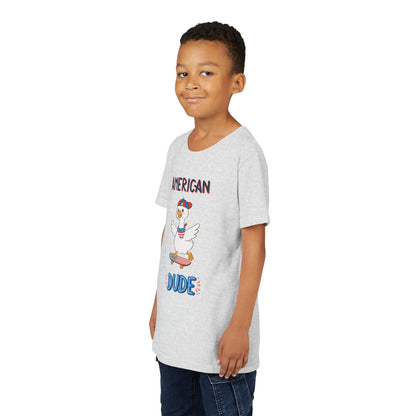 Youth Tee — "American Dude" Skateboarding Duck Graphic