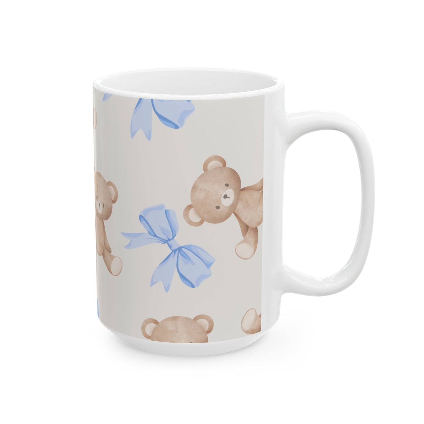 Teddy Bear Ceramic Mug with Blue Bows — Cute 11oz & 15oz Coffee Cup
