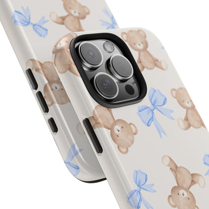 Teddy Bear Pattern Tough Phone Case — Cute Blue Bows