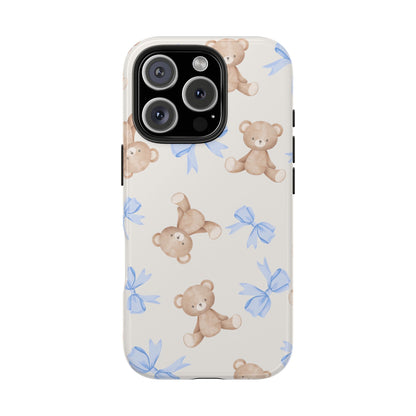 Teddy Bear Pattern Tough Phone Case — Cute Blue Bows