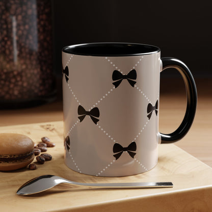 Pearl & Black Bow Accent Coffee Mug — Decorative 11/15oz Ceramic