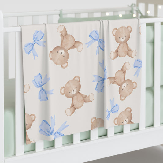 Teddy Bear Blue Bow Baby Swaddle Blanket
