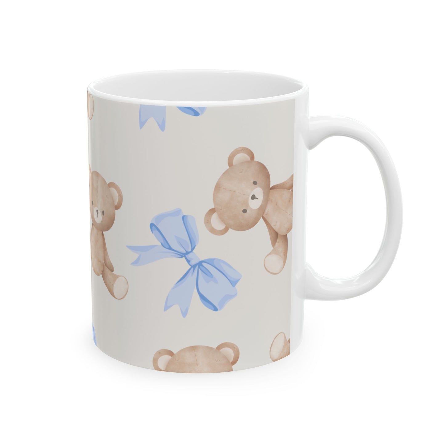 Teddy Bear Ceramic Mug with Blue Bows — Cute 11oz & 15oz Coffee Cup