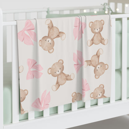 Teddy Bear & Pink Bows Baby Swaddle Blanket — Soft Newborn Wrap