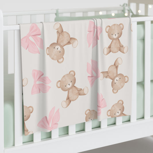 Teddy Bear & Pink Bows Baby Swaddle Blanket — Soft Newborn Wrap